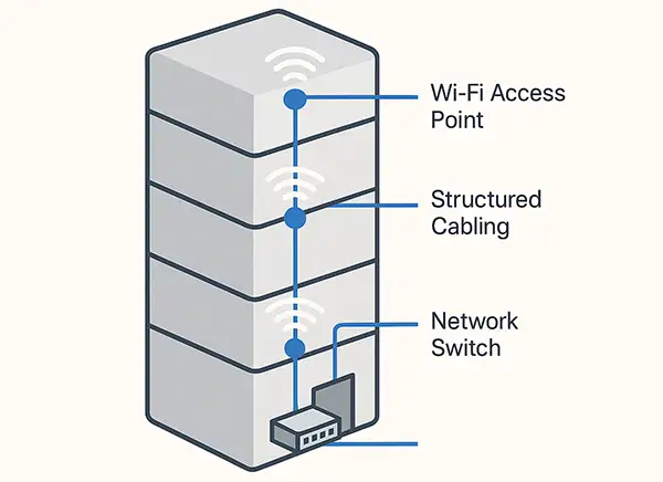 Structured cabling and WiFi access points in multi-story building network