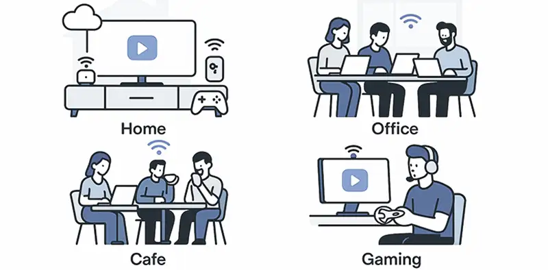 Illustration showing multiple applications of UCG-Ultra and UCG-MAX including smart home, small office, gaming, and public Wi-Fi usage