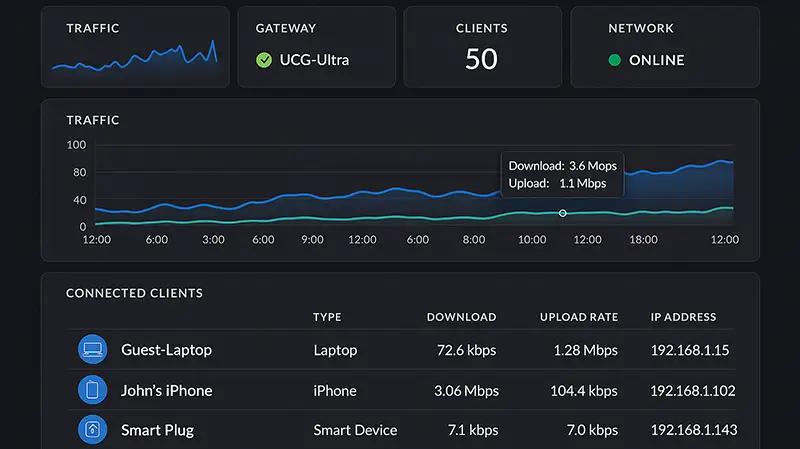 UniFi gatway dashboard interface displaying real-time network statistics.