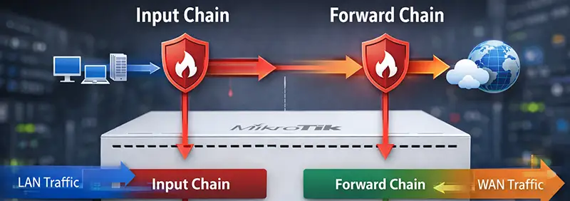 Difference between input and forward chains in MikroTik firewall