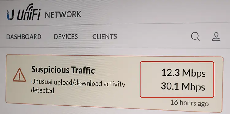 UniFi Network interface showing abnormal network traffic activity