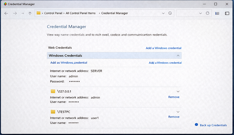 Windows Credential Manager showing saved network credentials