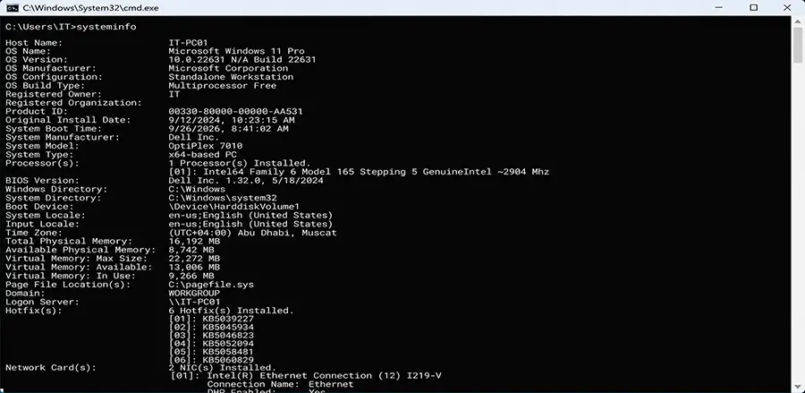 Windows systeminfo CMD command showing system information